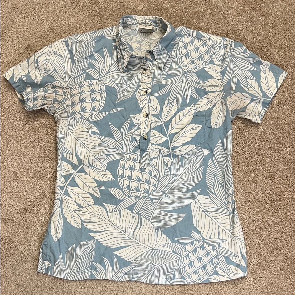 Go Barefoot Tropical Leaf Floral Aloha Hawaiian Button-Down Shirt Size Medium